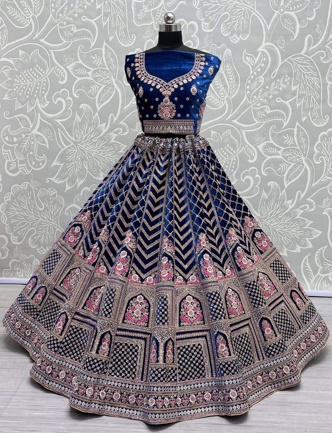 Velvet Multy-Thread Embroidered Lehenga | Elegant Bridal Wear for Events