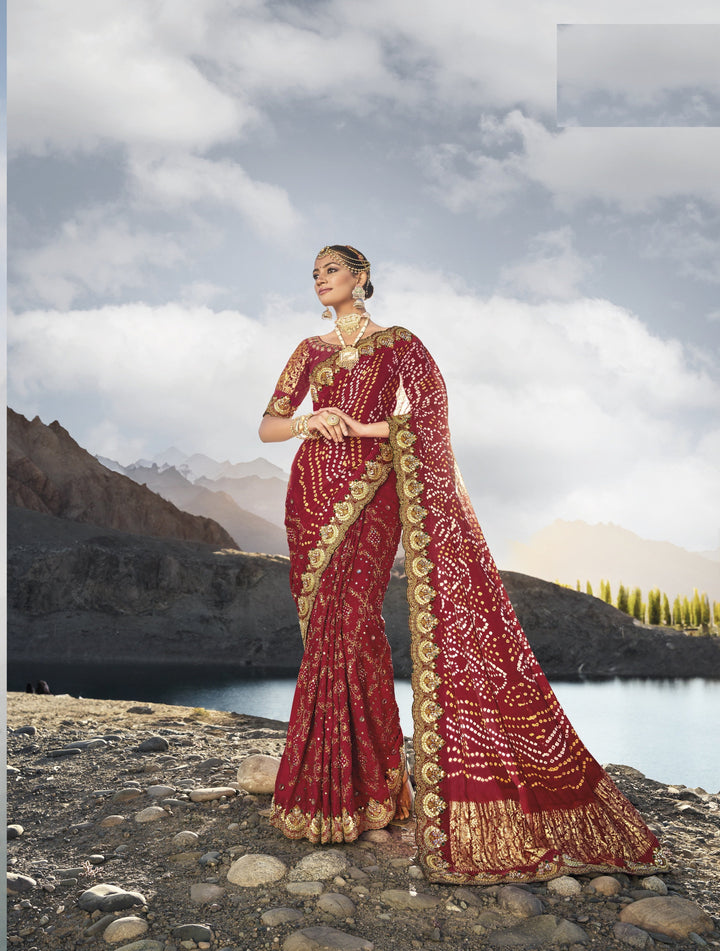 Maroon Gajji Satin Saree | Real Mirror, Diamond, and Moti Work for Parties