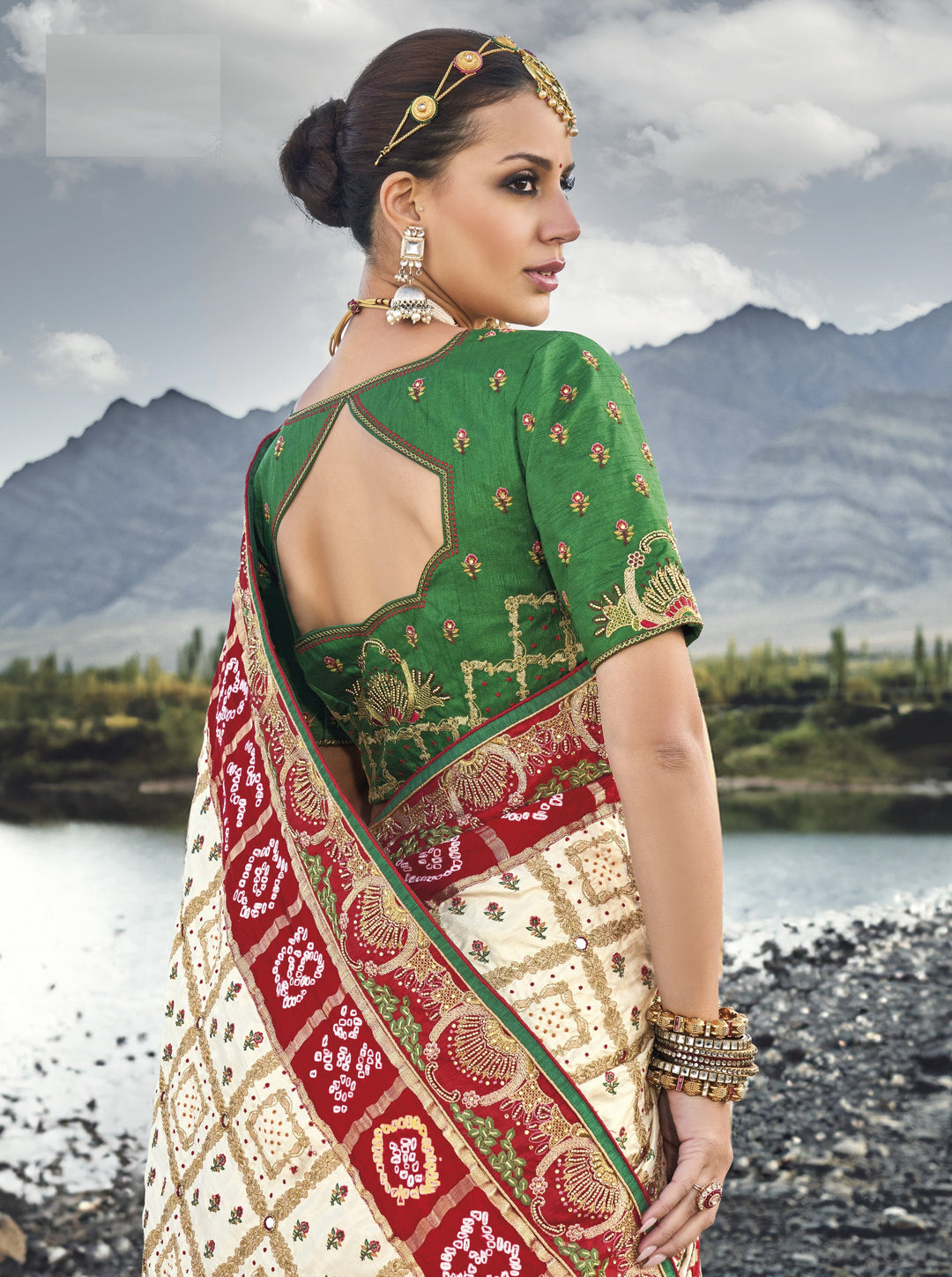 Cream and Green Gajji Satin Saree | Italian Silk Blouse with Mirror Work