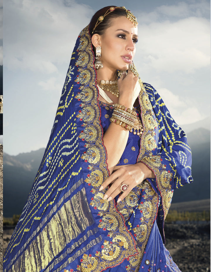 Designer Blue Satin Saree | Heavy Mirror and Kachhi Embroidery for Parties