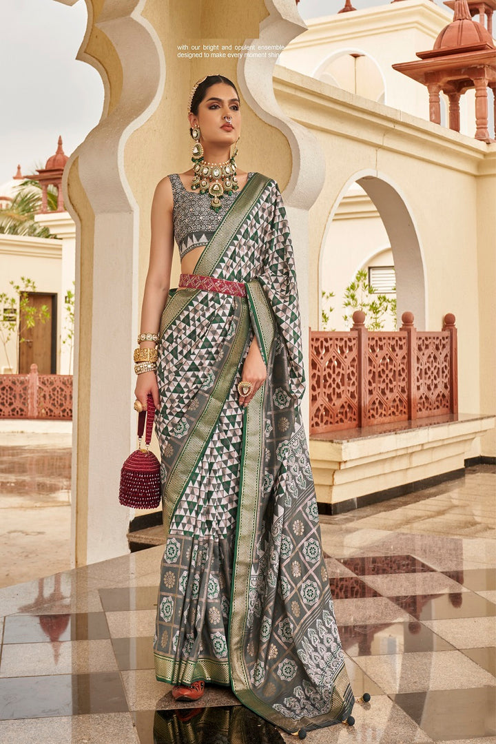 Designer V P Silk Saree | Printed Patola Saree with Wevon Jari Work