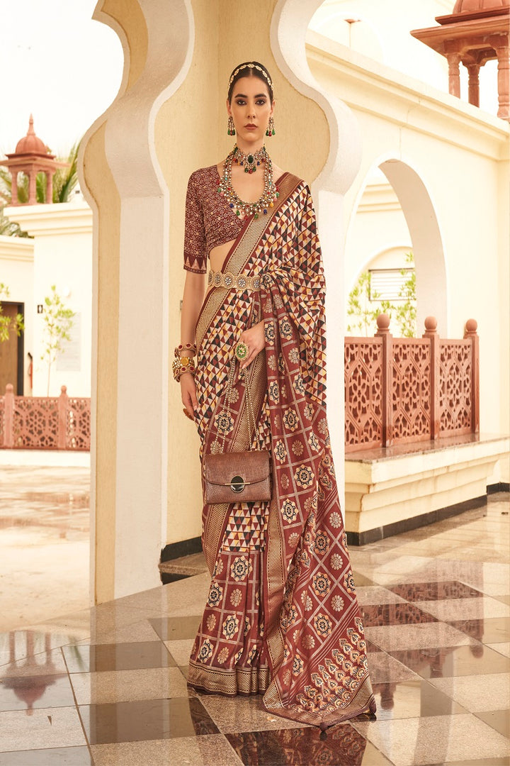 Designer V P Silk Saree | Printed Patola Saree with Wevon Jari Work