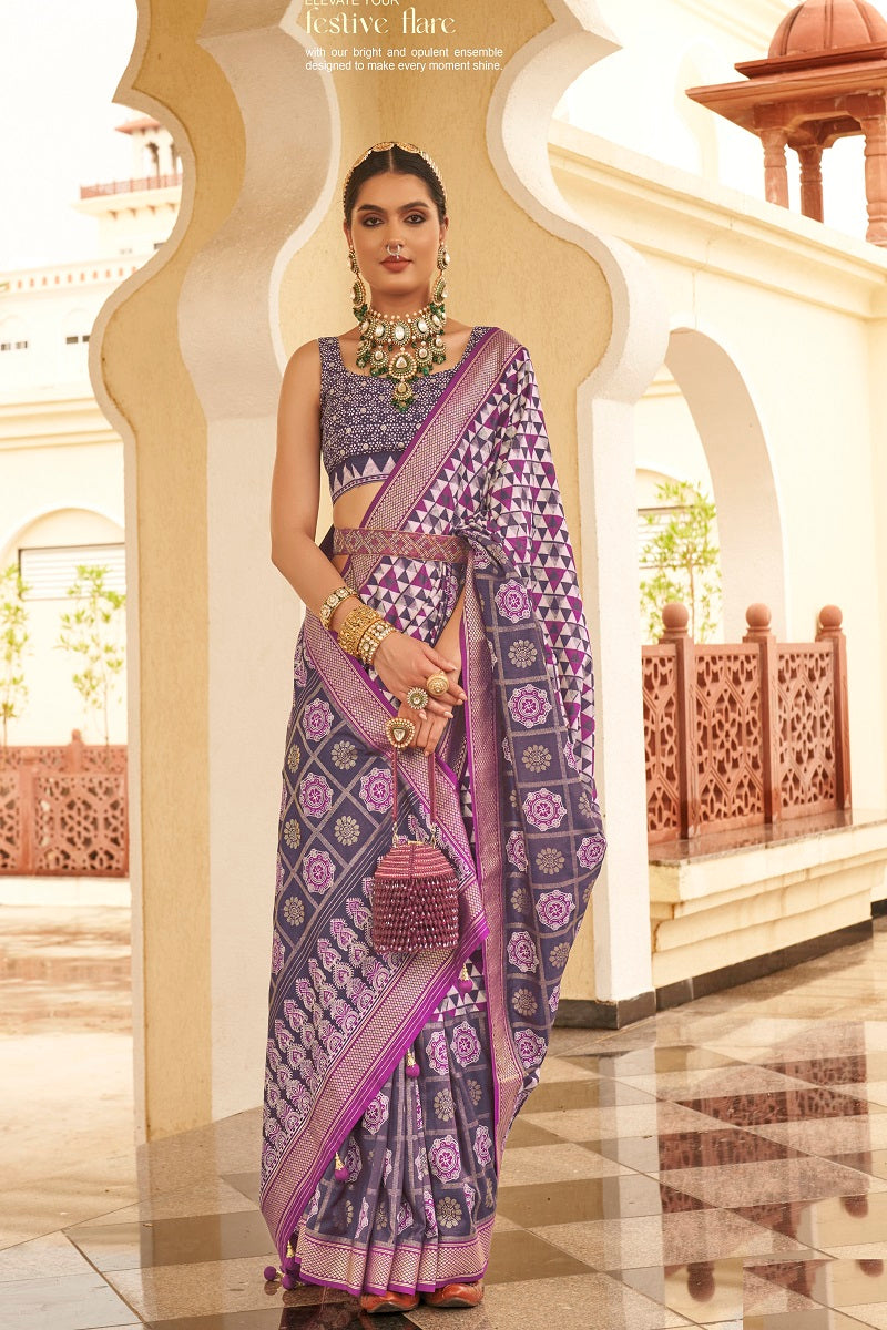 Designer V P Silk Saree | Printed Patola Saree with Wevon Jari Work