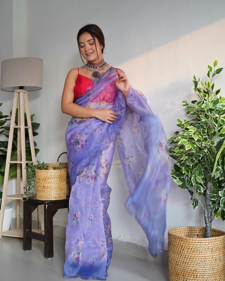 Elegant Digital-Printed Organza Saree with Art-Silk Blouse | Perfect for Weddings & Festive Events