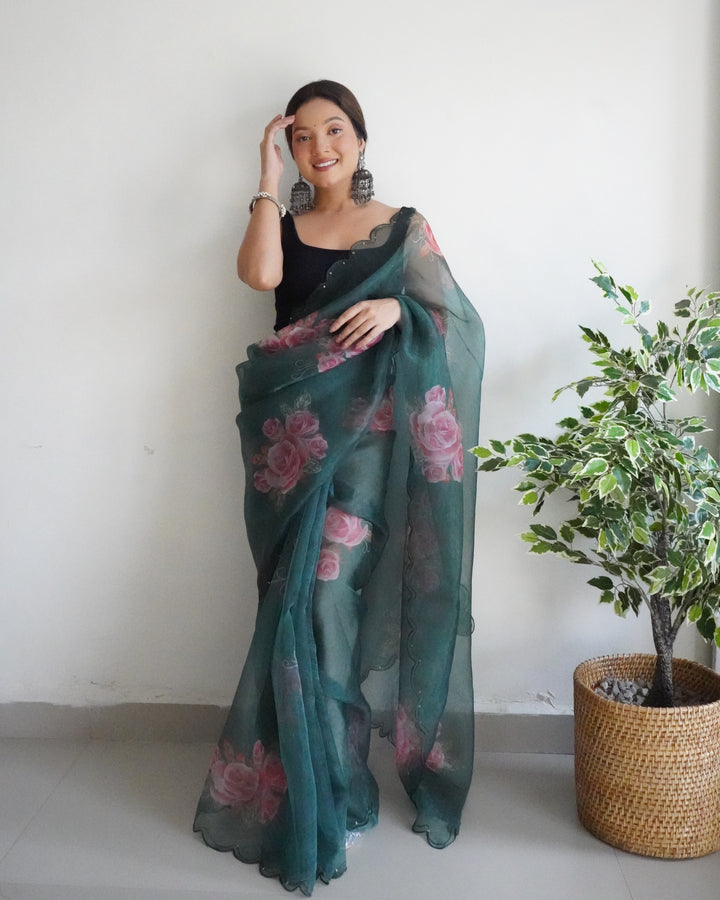 Organza Saree with Digital Print & Cut-Work | Art-Silk Blouse for Events