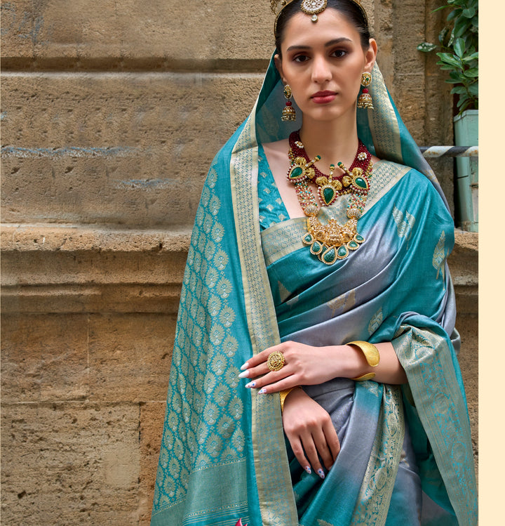 V P Silk Saree | Weaving Jari Designer with Aqua Finish for Party Wear