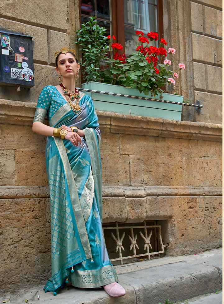 V P Silk Saree | Weaving Jari Designer with Aqua Finish for Party Wear