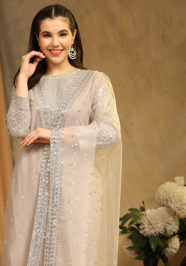 Faux Georgette Semi-Stitched Kurti Set | Sequin Embroidery | Net Dupatta