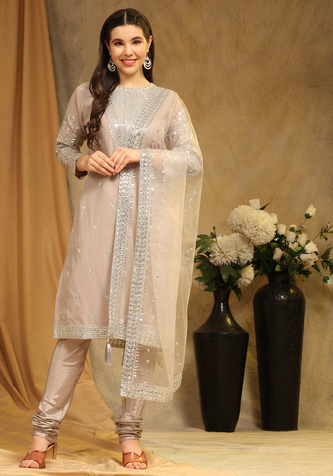 Faux Georgette Semi-Stitched Kurti Set | Sequin Embroidery | Net Dupatta