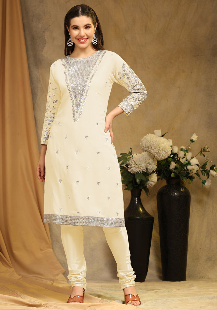 Faux Georgette Semi-Stitched Kurti Set | Sequin Embroidery | Net Dupatta