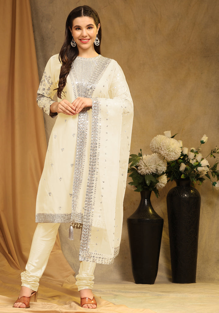 Faux Georgette Semi-Stitched Kurti Set | Sequin Embroidery | Net Dupatta