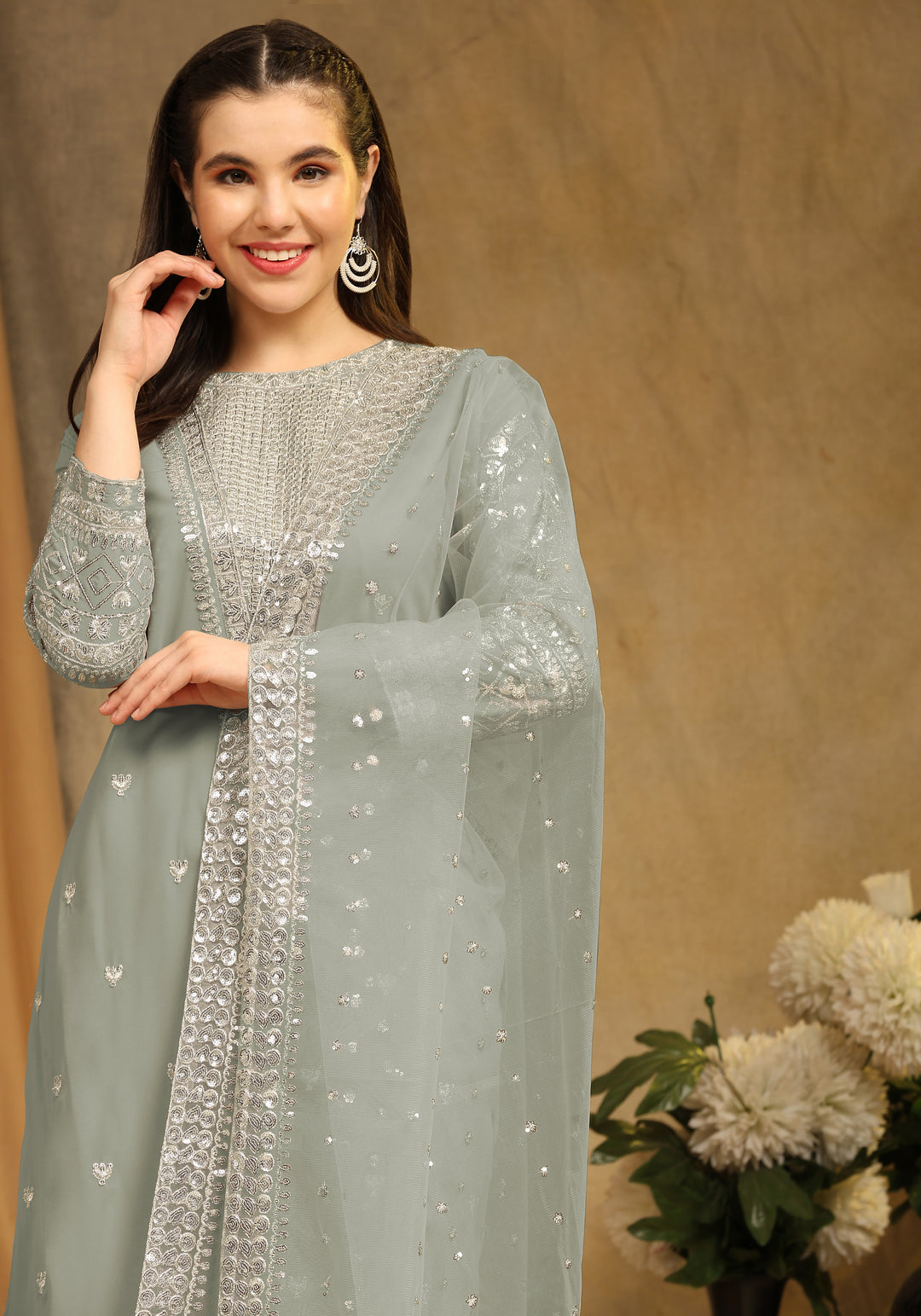 Faux Georgette Semi-Stitched Kurti Set | Sequin Embroidery | Net Dupatta