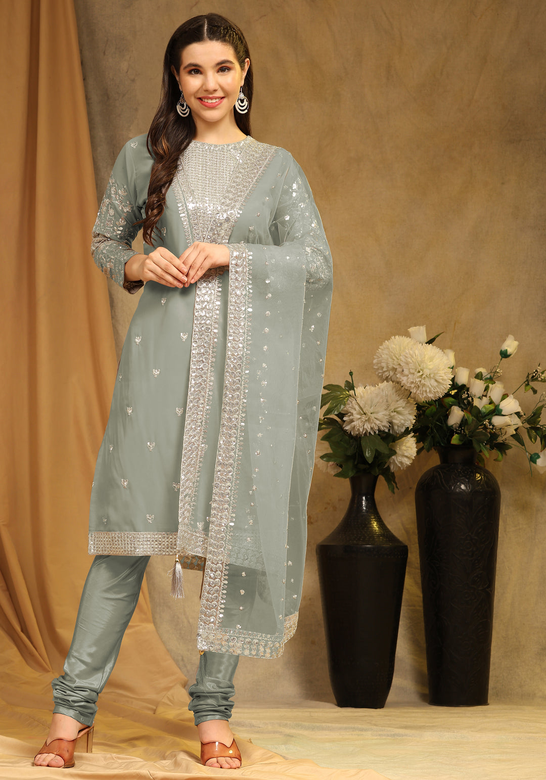 Faux Georgette Semi-Stitched Kurti Set | Sequin Embroidery | Net Dupatta