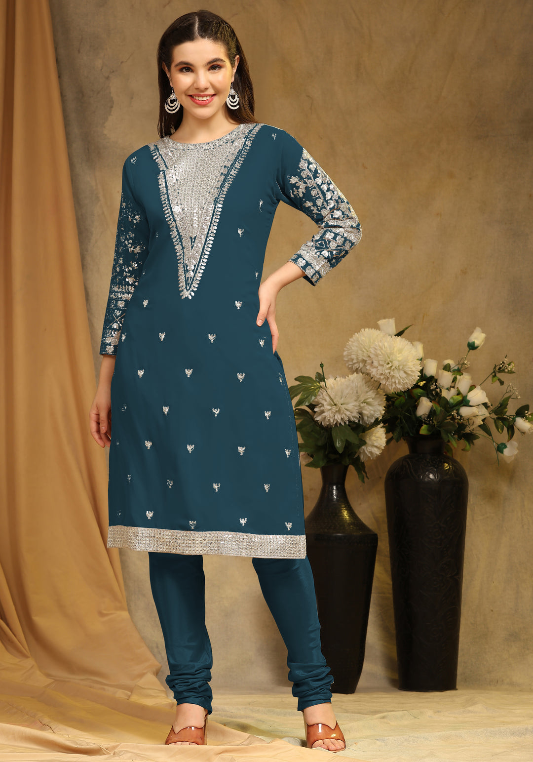 Faux Georgette Semi-Stitched Kurti Set | Sequin Embroidery | Net Dupatta