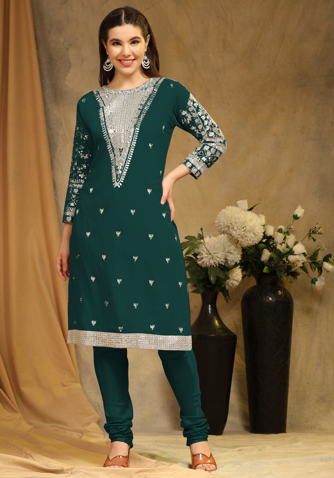 Faux Georgette Semi-Stitched Kurti Set | Sequin Embroidery | Net Dupatta