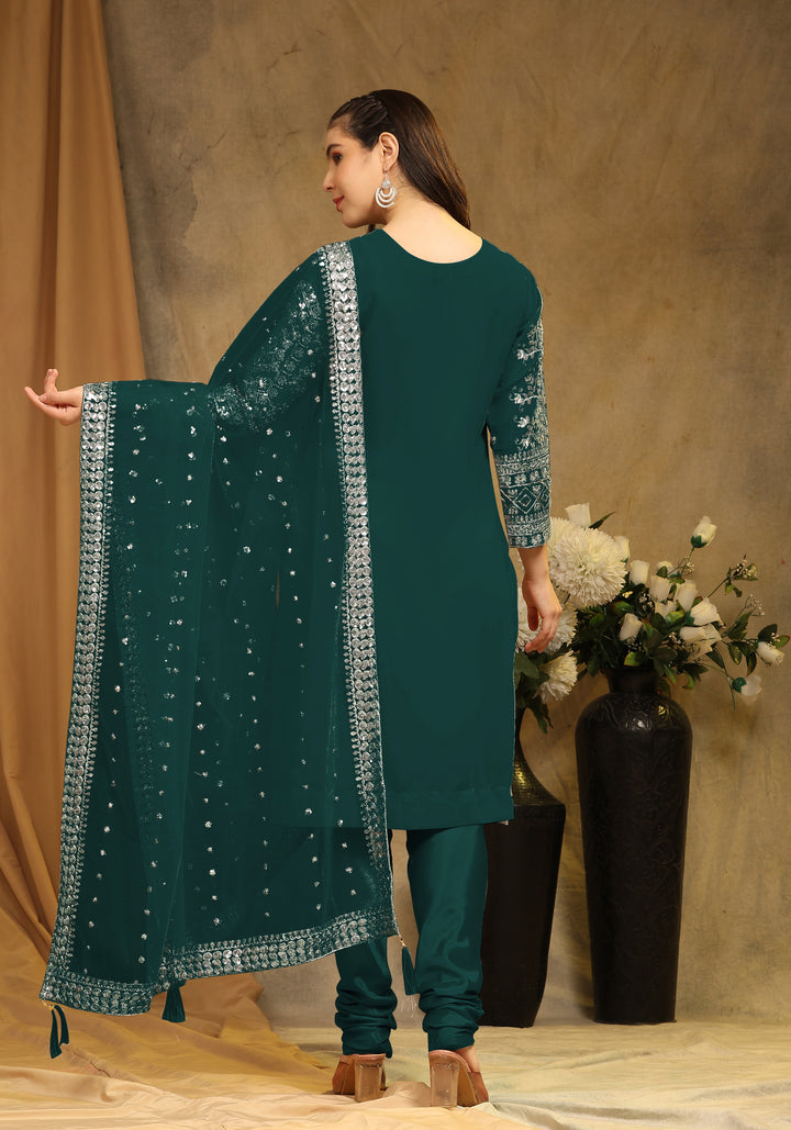 Faux Georgette Semi-Stitched Kurti Set | Sequin Embroidery | Net Dupatta