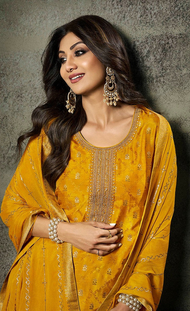 Semi-Stitched Yellow Ethnic Wear Kurti Set | Embroidered with Santoon Bottom