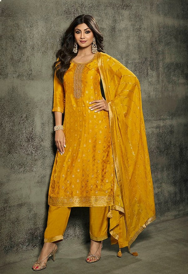 Semi-Stitched Yellow Ethnic Wear Kurti Set | Embroidered with Santoon Bottom