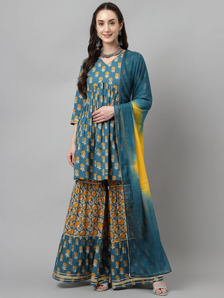 Chic Teal Blue Cotton Kurti Set | Ready-Made Outfit with Elegant Chinon Dupatta