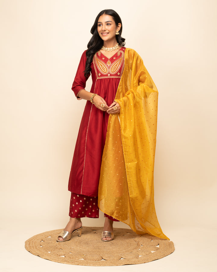 Elegant Red Silk Blend Readymade Suit | Hand Work on Top & Bottom