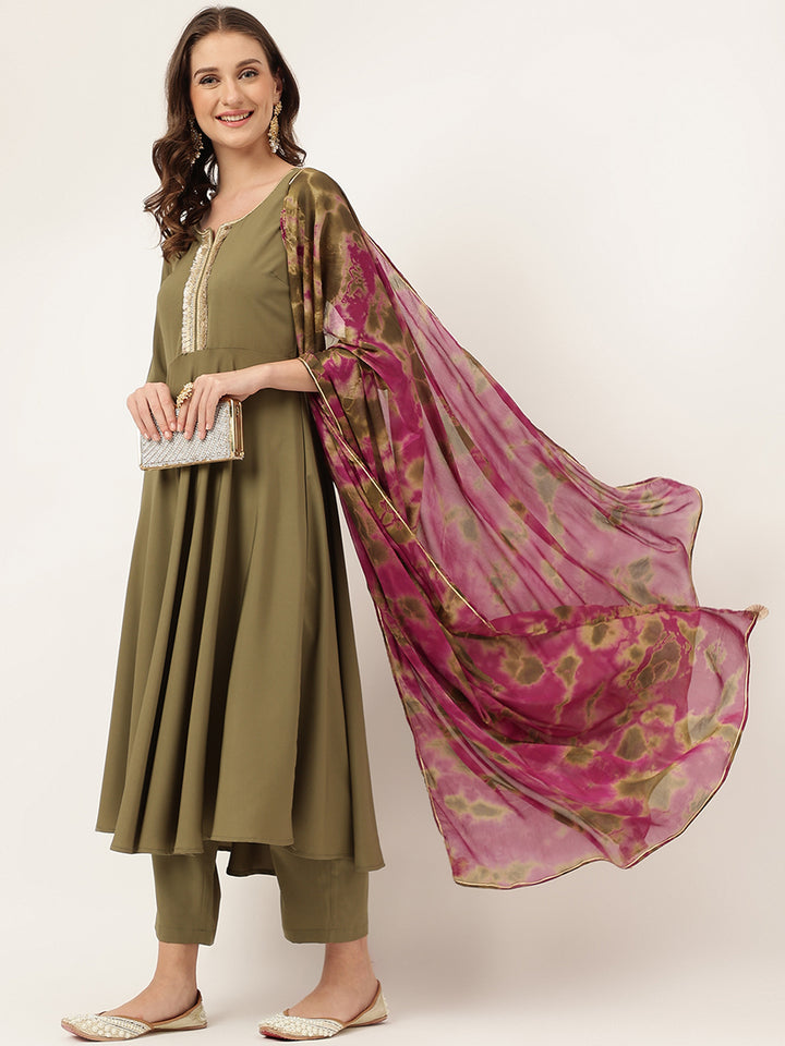 Elegant Green Crepe Suit | Designer Handwork With Chinon Dupatta