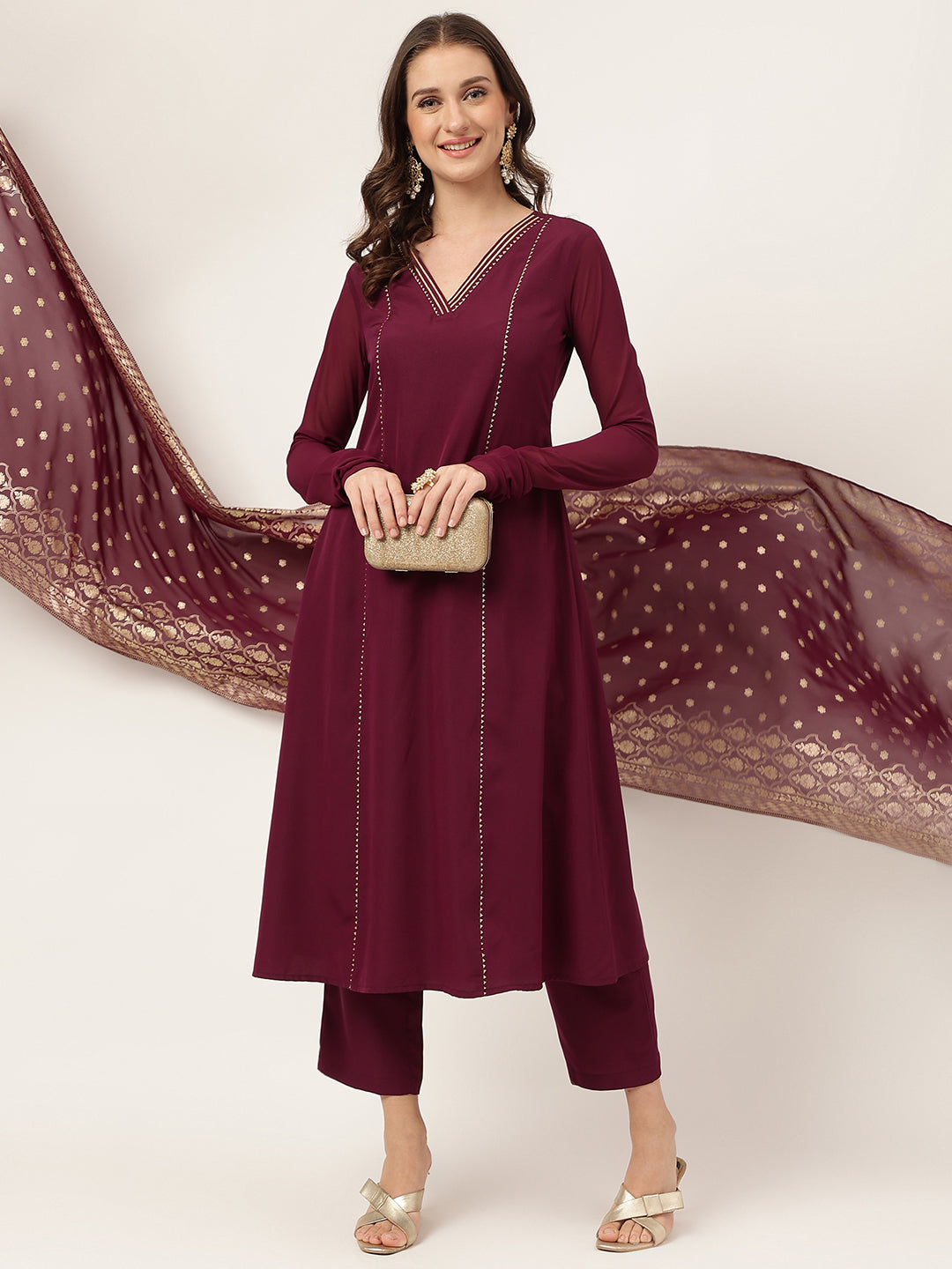 Designer Printed Burgundy Suit | Elegant Crepe Top and Georgette Dupatta