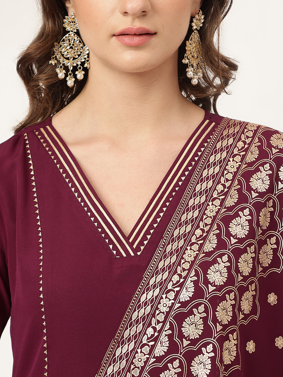 Designer Printed Burgundy Suit | Elegant Crepe Top and Georgette Dupatta