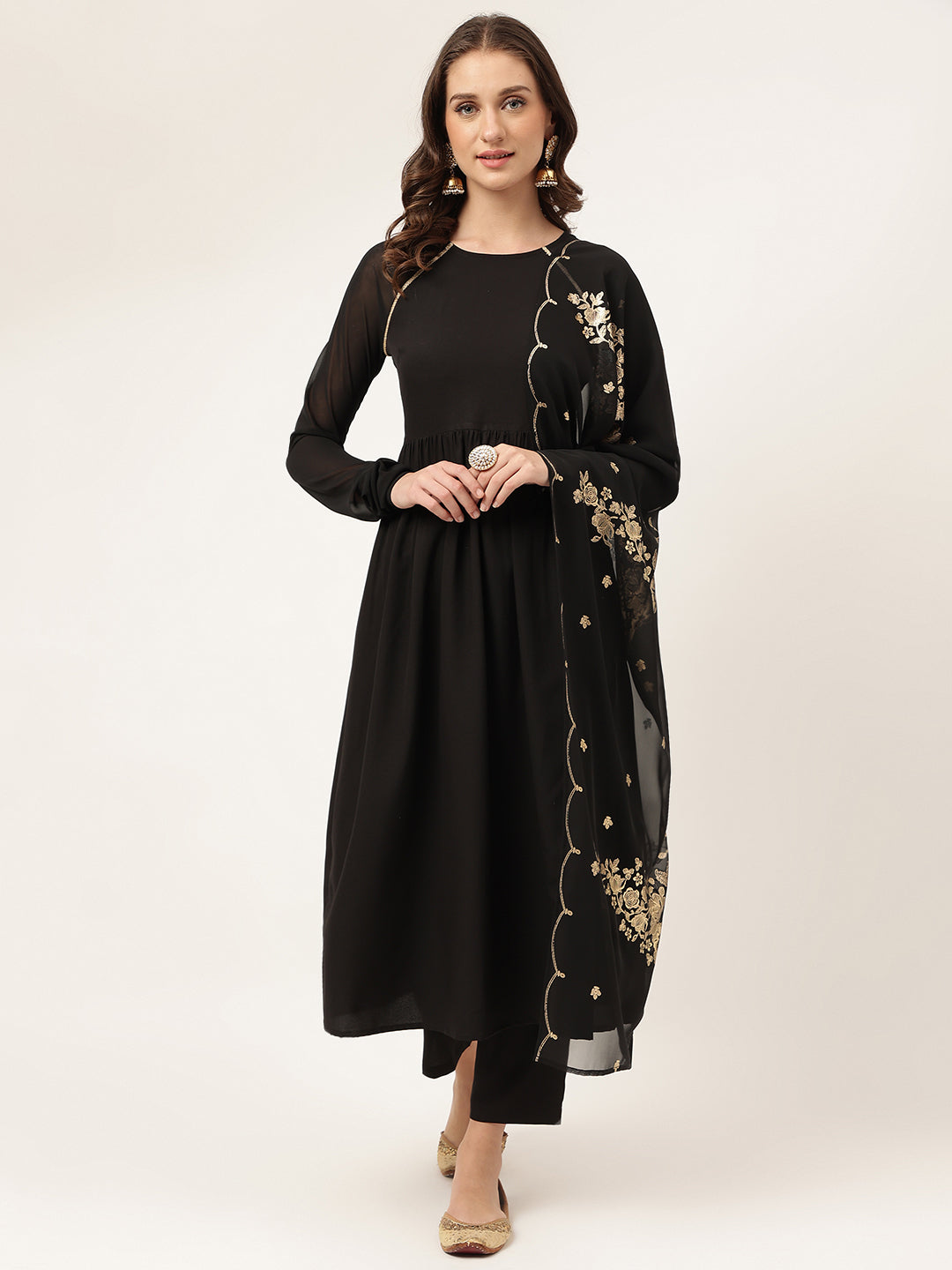 Solid Black Crepe Designer Printed Suit | Elegant Organza Dupatta Set