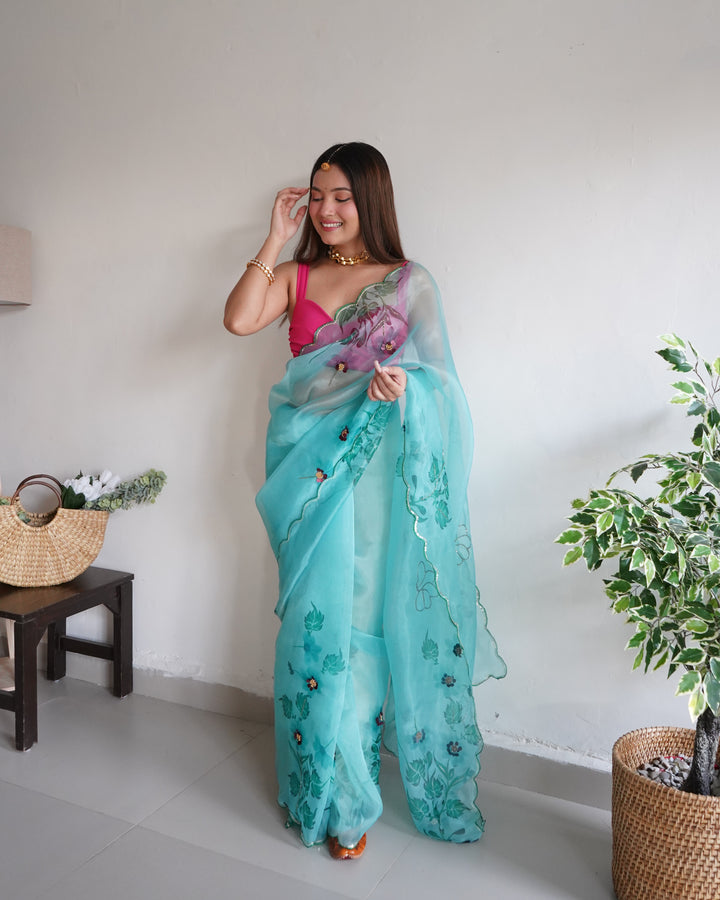 Elegant Organza Saree with Art-Silk Blouse | Digital Printed Aari Cut-Work