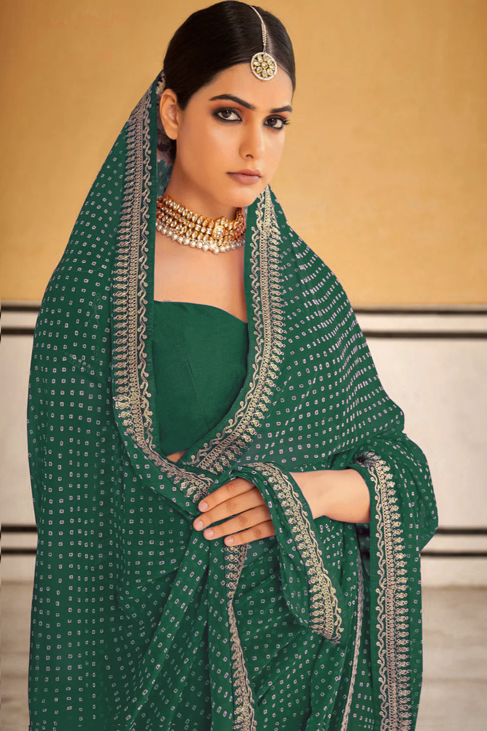 Georgette Saree with Bandhani Print, Embroidery & Lace Work | Wedding & Festive