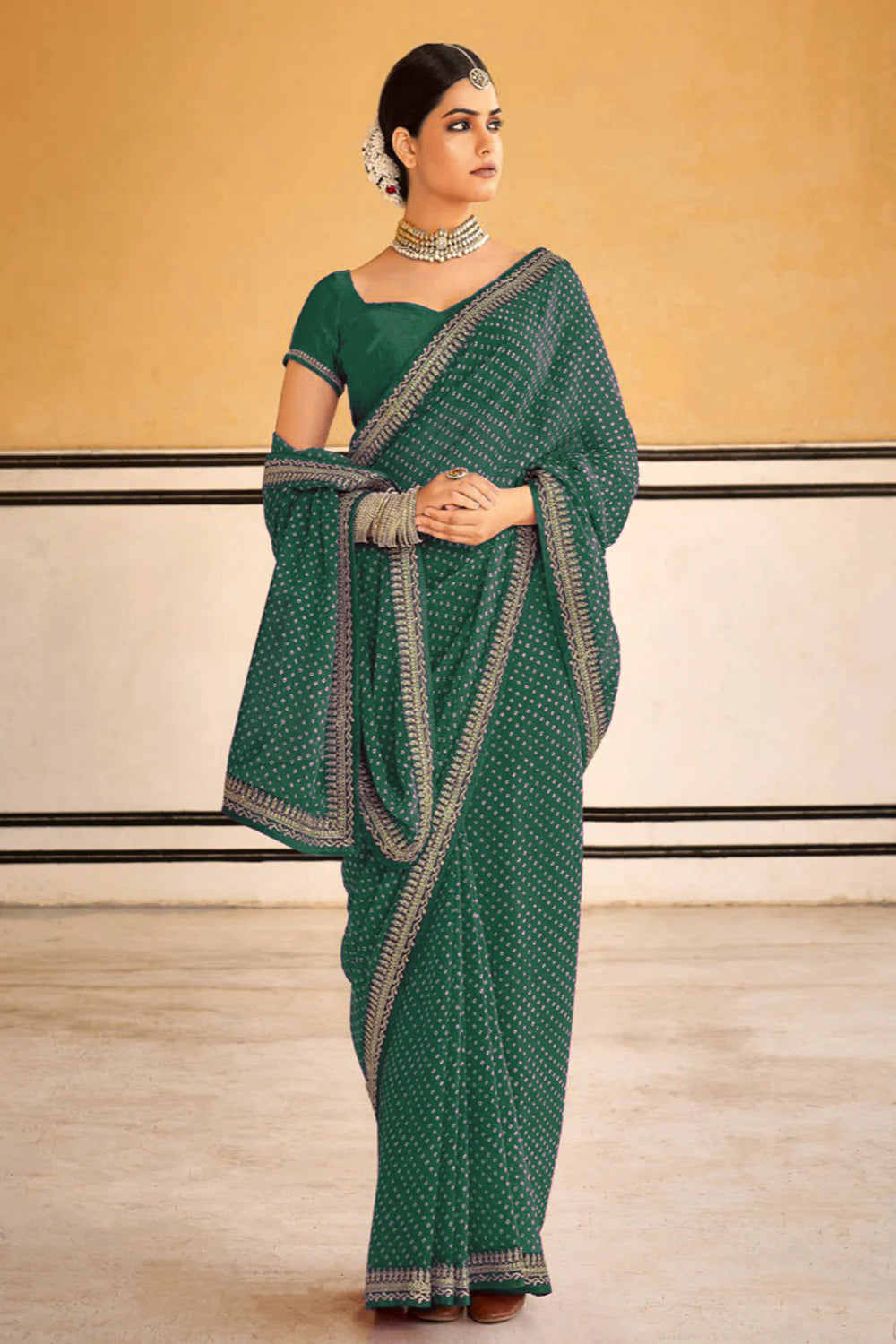 Georgette Saree with Bandhani Print, Embroidery & Lace Work | Wedding & Festive