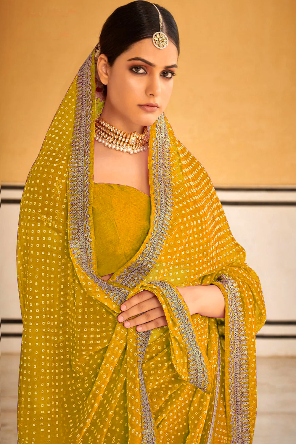 Georgette Saree with Bandhani Print, Embroidery & Lace Work | Wedding & Festive