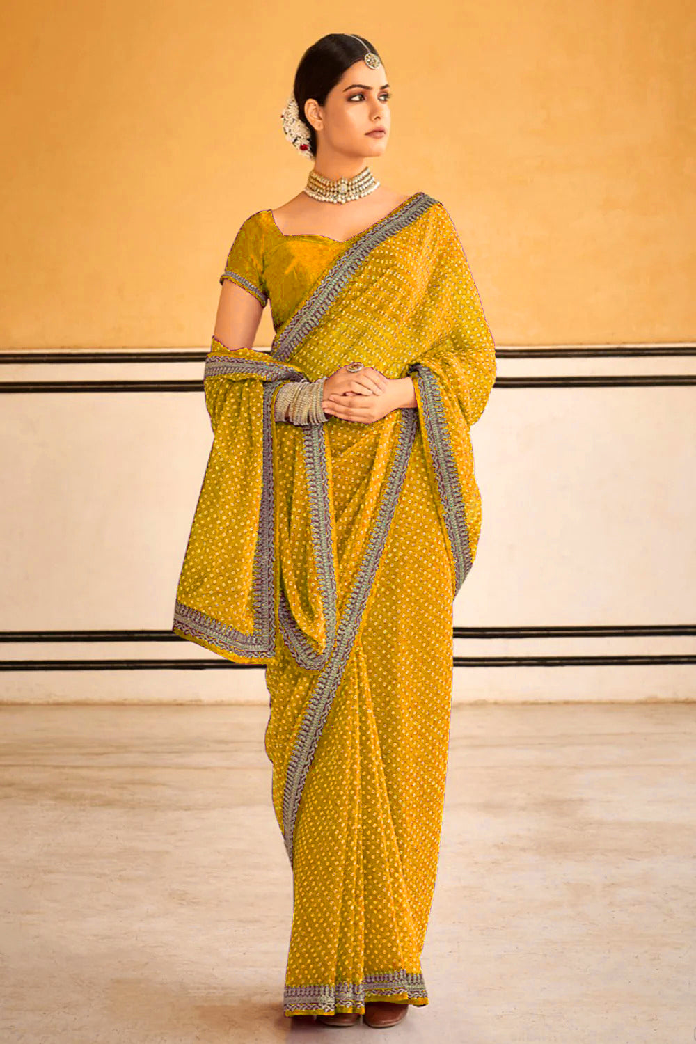 Georgette Saree with Bandhani Print, Embroidery & Lace Work | Wedding & Festive