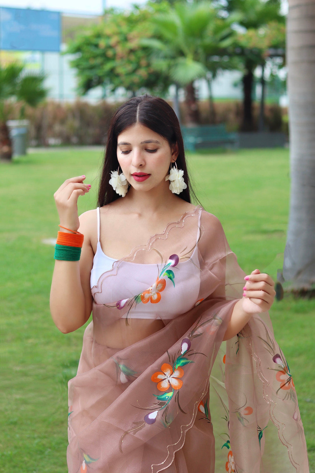 Designer Hand-Printed Organza Saree | Art-Silk Blouse | Festive Elegance