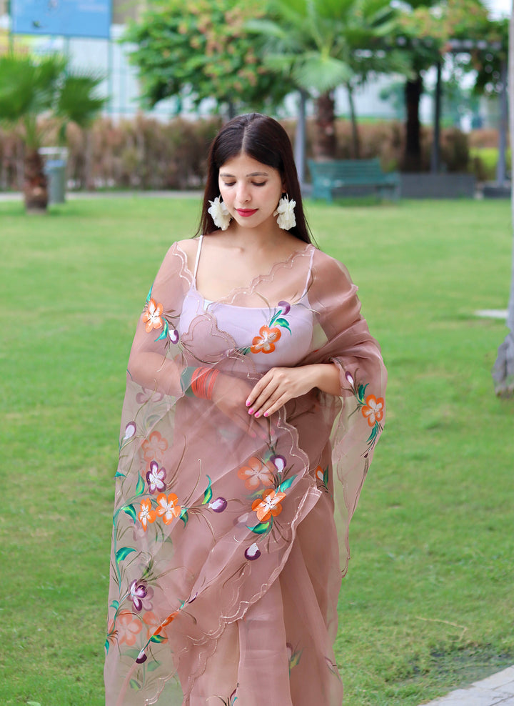 Designer Hand-Printed Organza Saree | Art-Silk Blouse | Festive Elegance