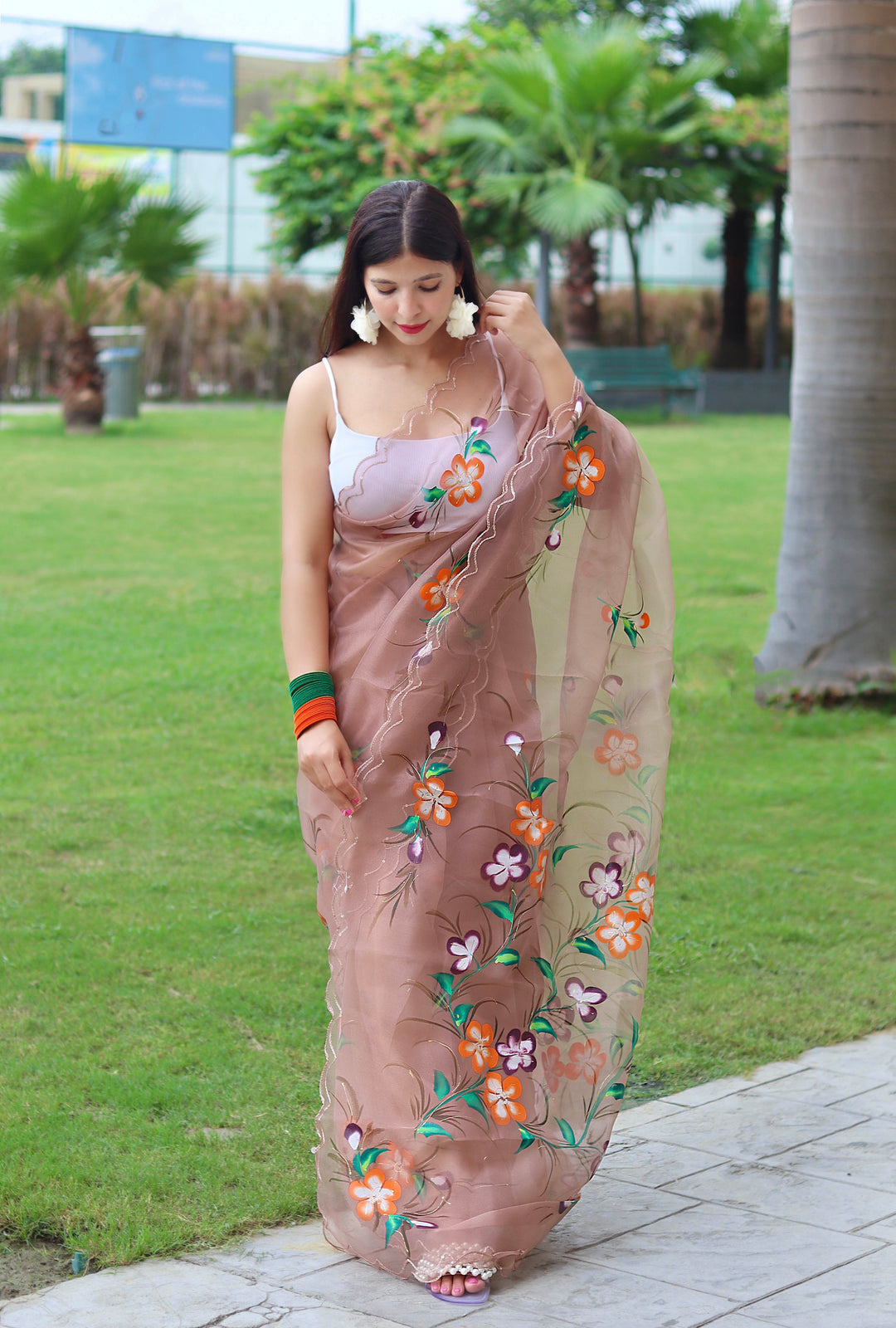 Designer Hand-Printed Organza Saree | Art-Silk Blouse | Festive Elegance