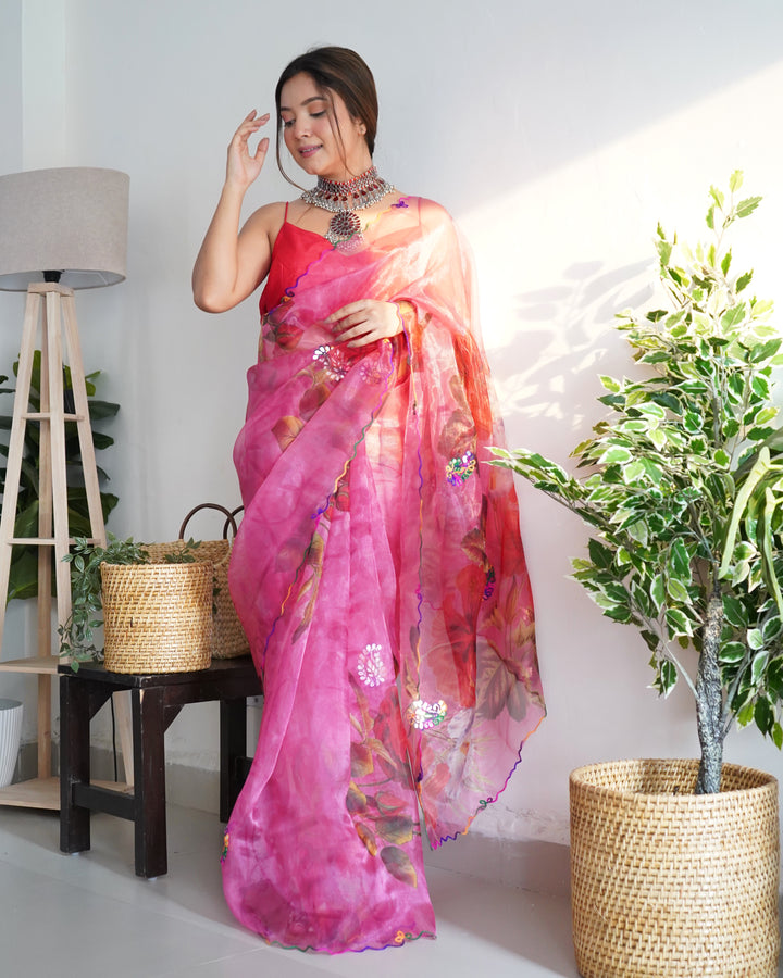 Designer Floral Printed Organza Saree with Satin Blouse | Wedding Festive Wear