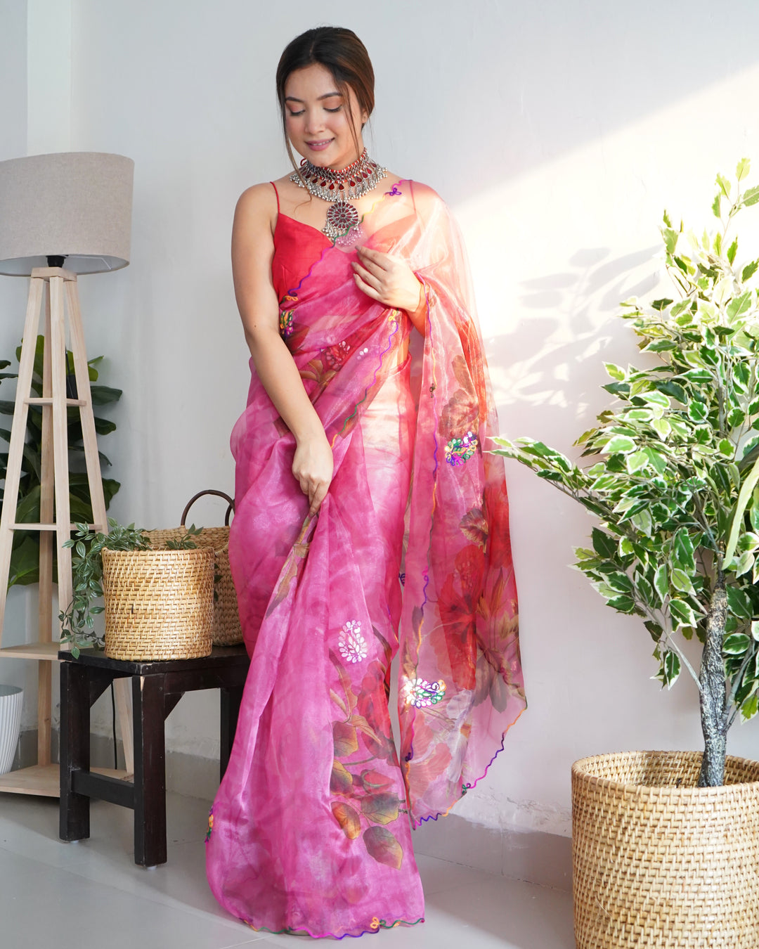 Designer Floral Printed Organza Saree with Satin Blouse | Wedding Festive Wear