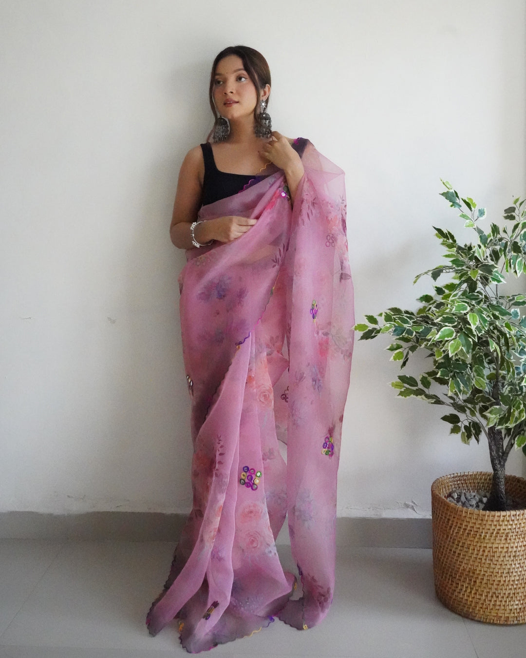 Designer Floral-Printed Organza Saree with Satin Blouse | Wedding Festive Wear