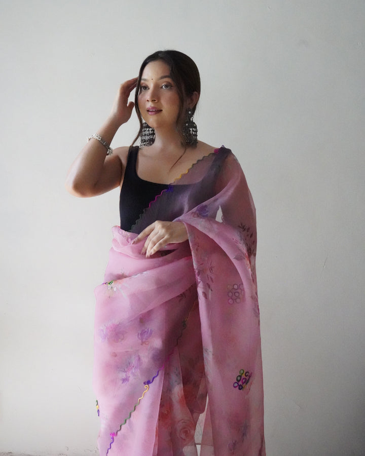 Designer Floral-Printed Organza Saree with Satin Blouse | Wedding Festive Wear