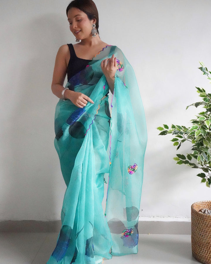 Designer Floral Printed Organza Saree with Satin Blouse | Wedding Festive Attire