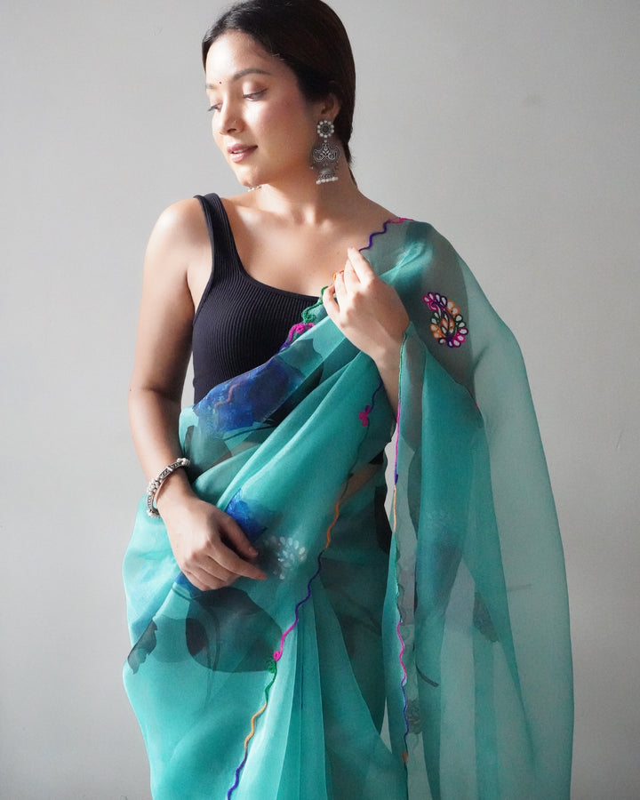 Designer Floral Printed Organza Saree with Satin Blouse | Wedding Festive Attire