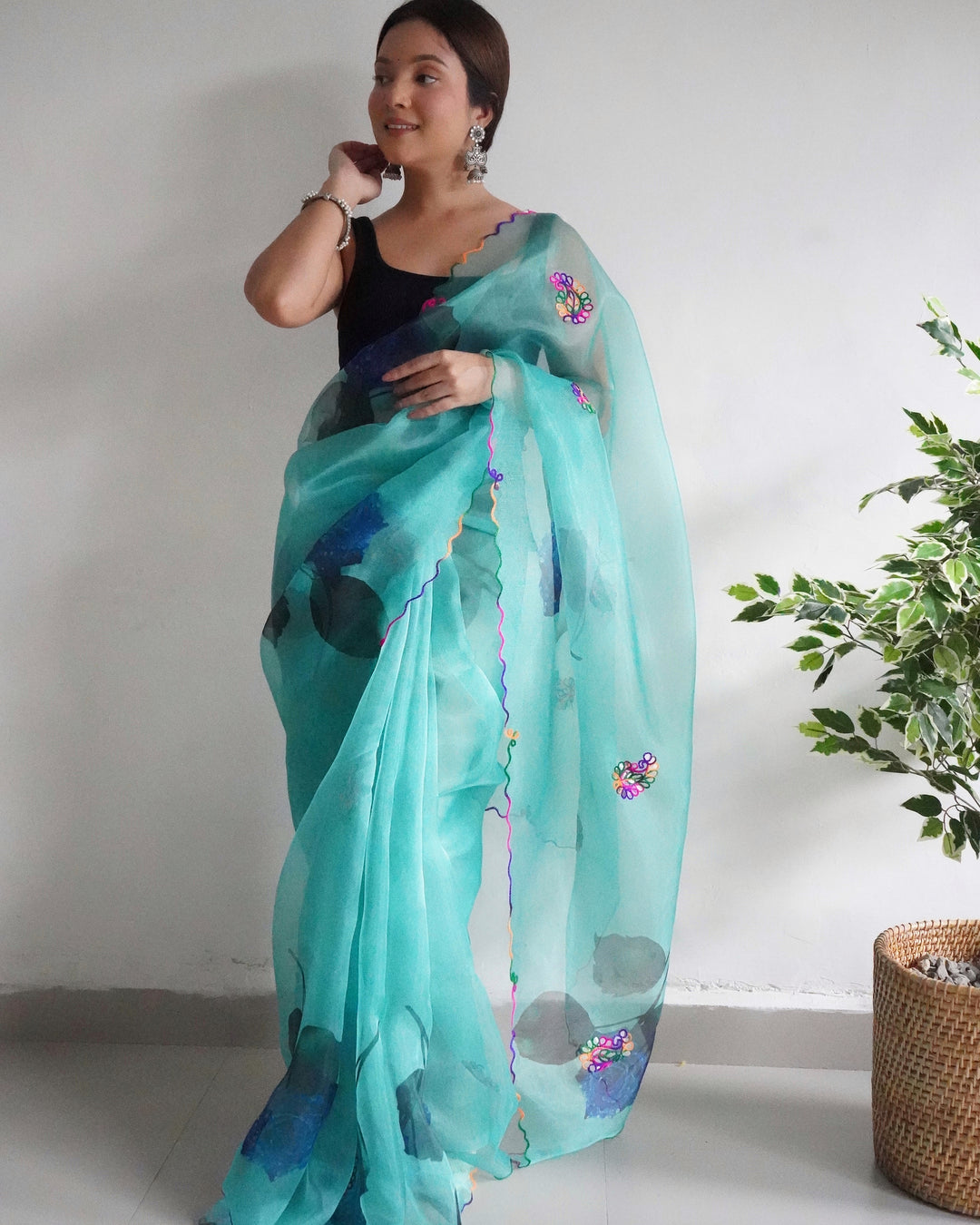 Designer Floral Printed Organza Saree with Satin Blouse | Wedding Festive Attire