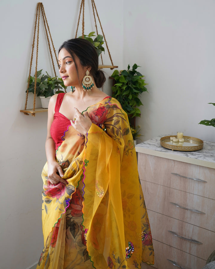 Designer Floral Printed Organza Saree | Gota Patti Work for Weddings