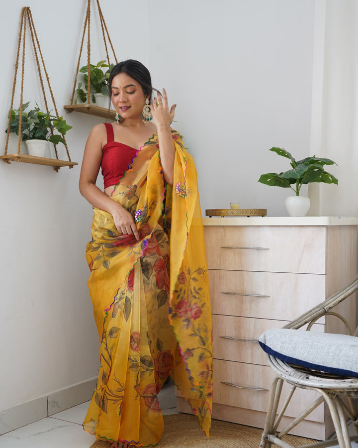 Designer Floral Printed Organza Saree | Gota Patti Work for Weddings