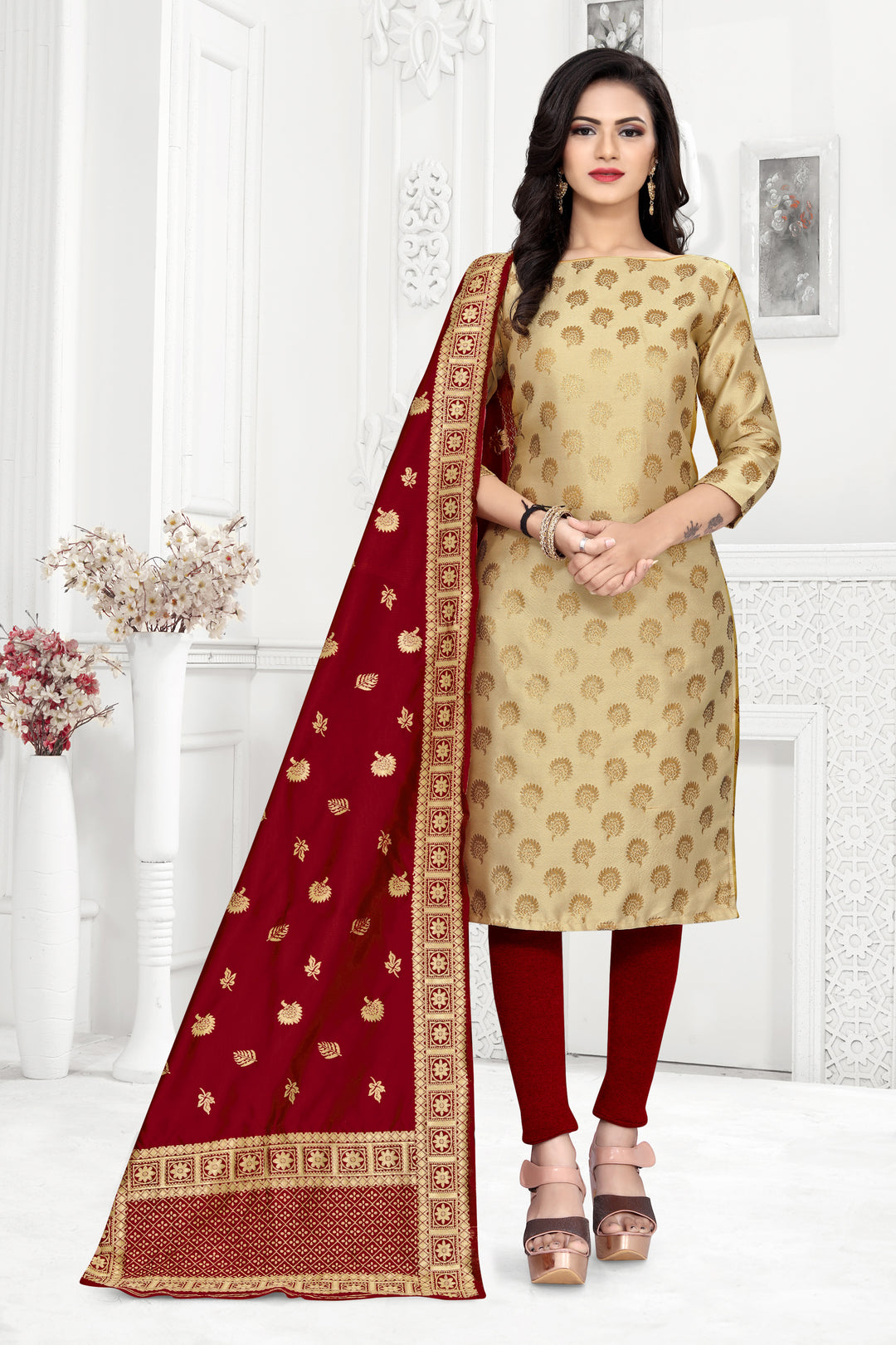 Elegant Banarasi Silk | Tafetta Silk Suit with Jacquard Design