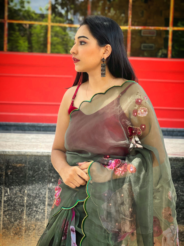 Designer Digital Printed Organza Saree | Art Silk Blouse for Weddings