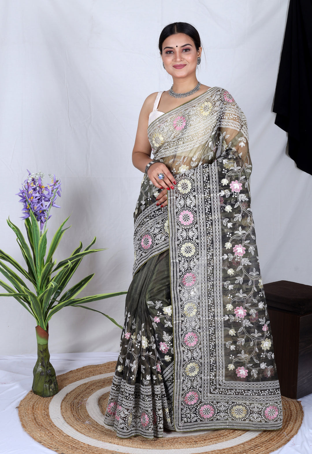 Elegant Organza Saree with Lukhnowi Embroidery | Satin-Banglori Blouse for Weddings