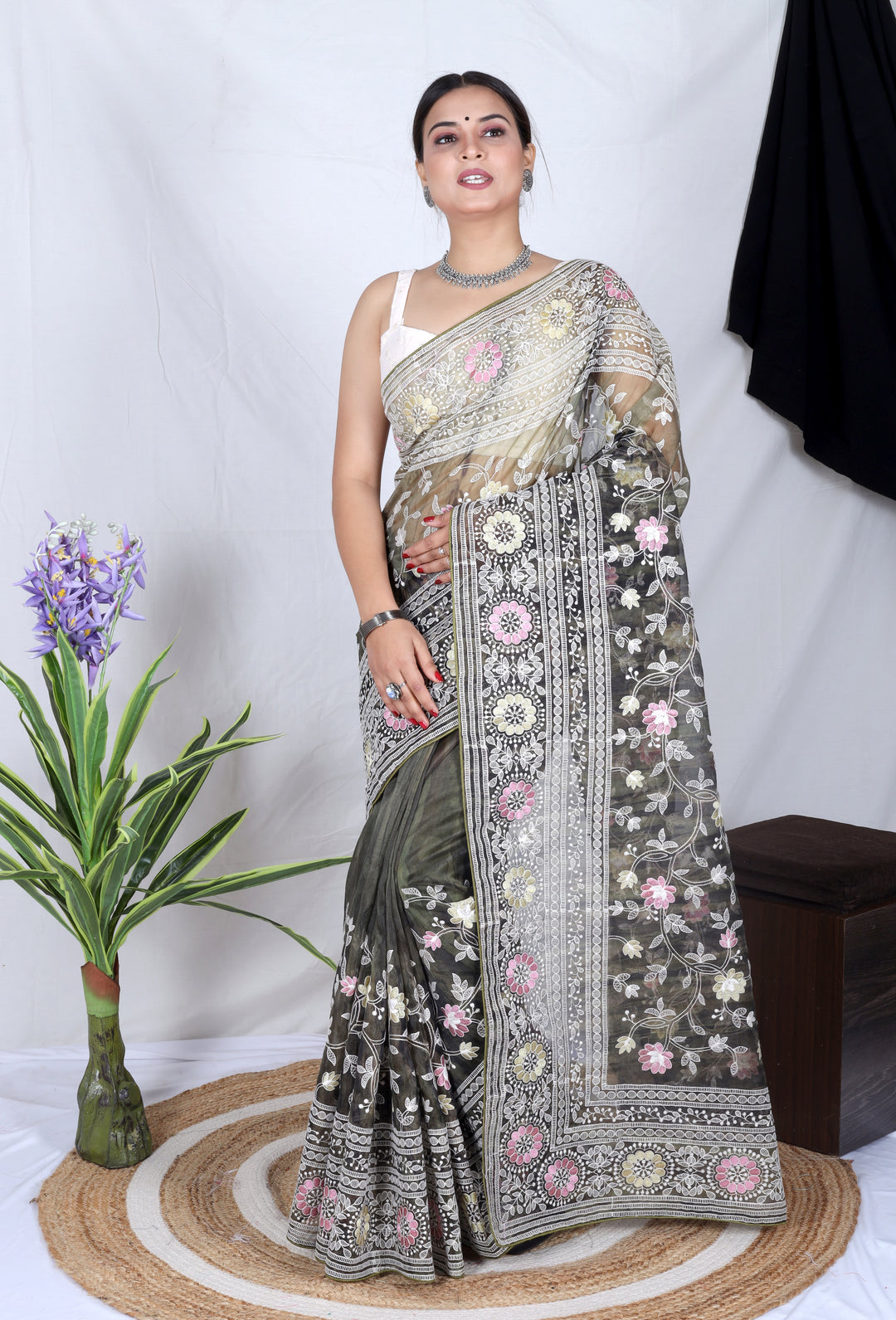 Elegant Organza Saree with Lukhnowi Embroidery | Satin-Banglori Blouse for Weddings