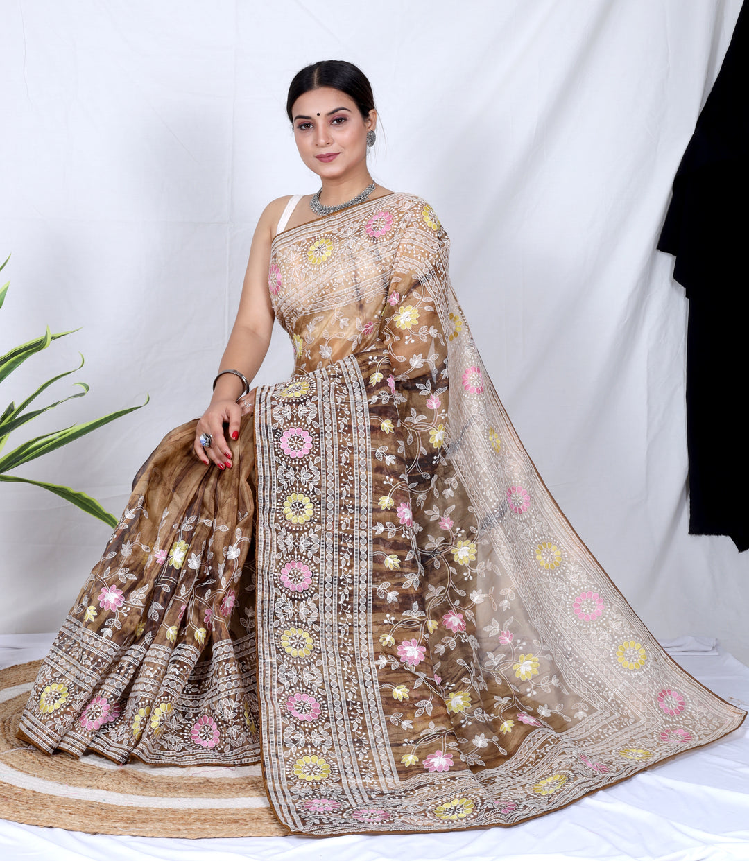 Elegant Organza Saree with Lukhnowi Embroidery | Satin-Banglori Blouse for Weddings